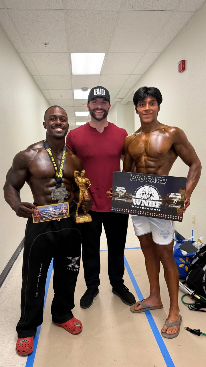 Charles, Ryan and Sebastian together after the Northern California show, with Sebastian holding his WNBF pro card